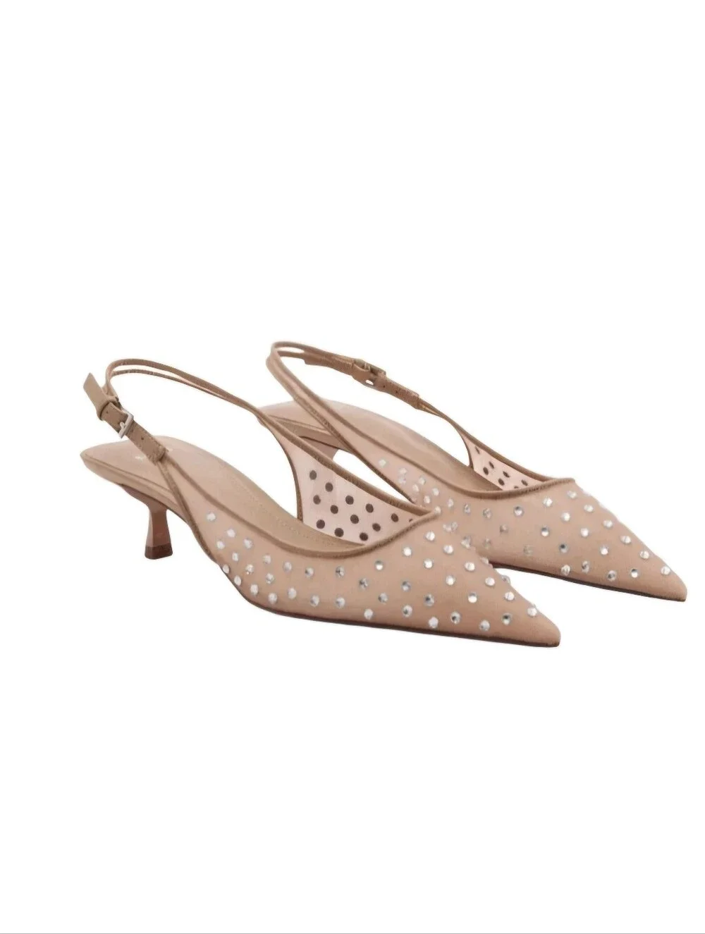 NEW! MANGO MNG Women's Nude Mesh Crystal Stud Kitten Heel Slingback 10.